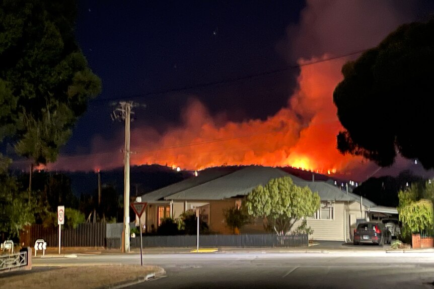 Fire glow of a bushfire behnd houses at night.