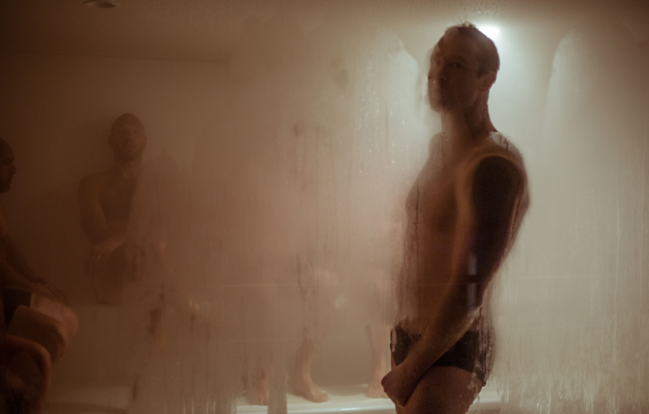 Ex-footballers Loewe and Hudghton in the steam room after an early morning swim.