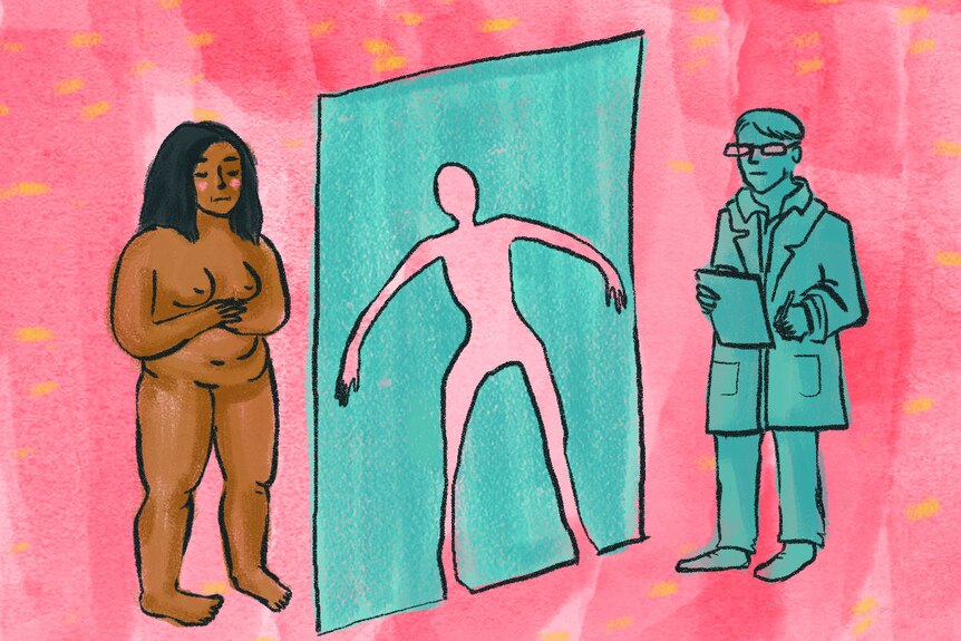 An illustration shows a large woman separated from a doctor by a cutout of a thin woman.