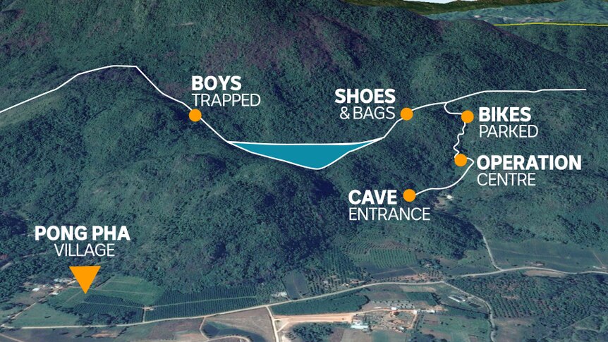 Graphic illustrating where a group of 12 boys and their soccer coach were trapped inside a mountain in Thailand's Chiang Rai