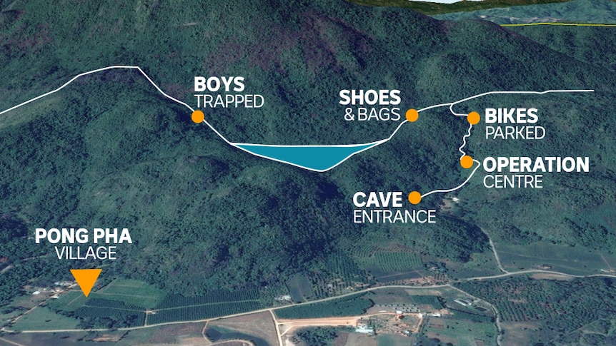 Graphic illustrating where a group of 12 boys and their soccer coach were trapped inside a mountain in Thailand's Chiang Rai