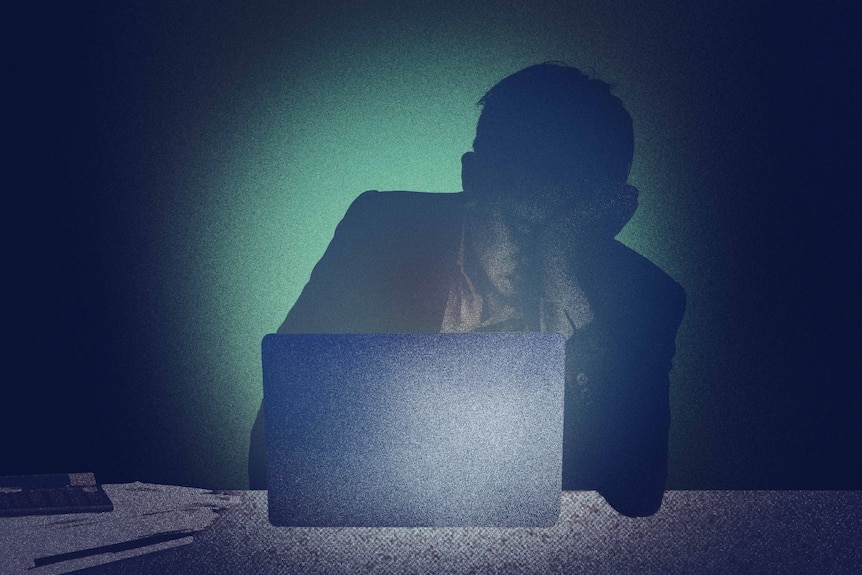 An illustration of a tired man with one hand on face sitting at desk in front of a laptop in a dark room.