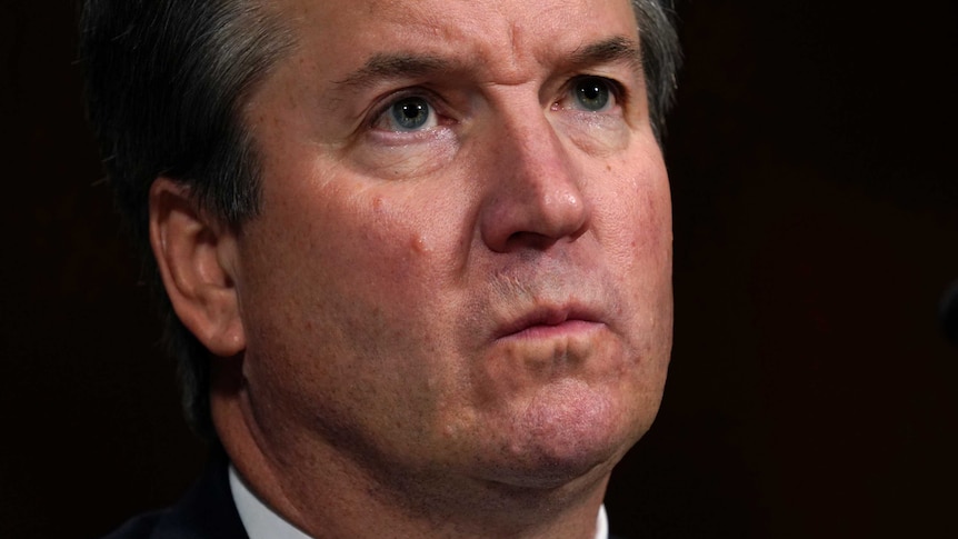 A tightly cropped image of Brett Kavanaugh looking thoughtful.