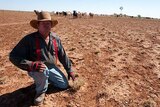 Mayor of Boulia Rick Britton squats front of frame with dry earth and windmill behind him