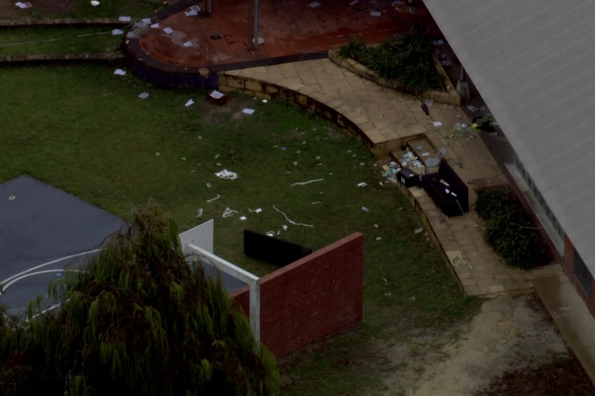 Aerial vision of trash in a courtyard at Banksia Hill Youth Detention Facility.