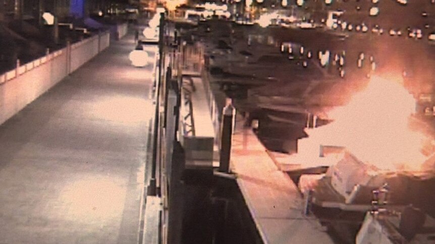 Still from CCTV footage of luxury boat fire