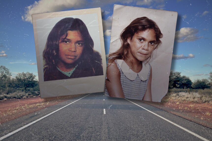 Cutouts of two Aboriginal girls over a picture of an empty road in the desert.