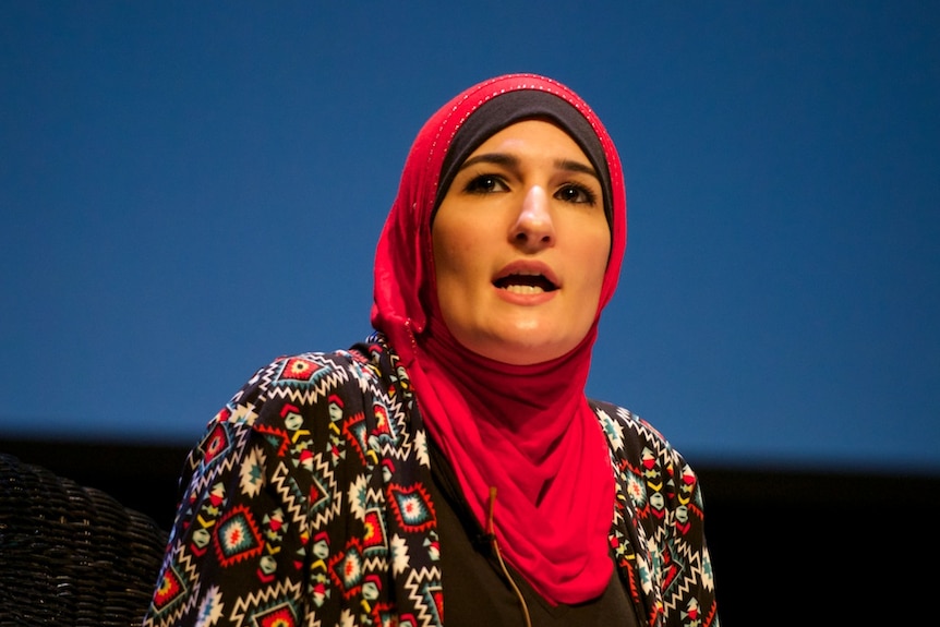 Linda Sarsour speaks on a panel.