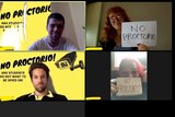 Several webcam screens show students on a call with signs and digital backgrounds protesting against Proctorio.