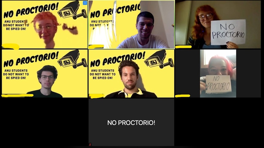 Several webcam screens show students on a call with signs and digital backgrounds protesting against Proctorio.