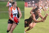 Rhiannon Bush and Cameron Ilett are pictured in a composite image playing football for the NT Thunder.