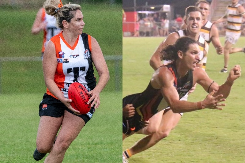 Rhiannon Bush and Cameron Ilett are pictured in a composite image playing football for the NT Thunder.