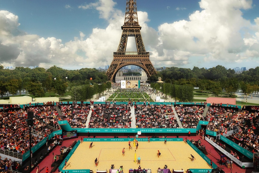 A mock up on the olympic volleyball stadium in front of the effiel tower
