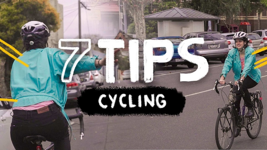 Collage of woman riding her bike in Melbourne streets with title: 7 tips cycling