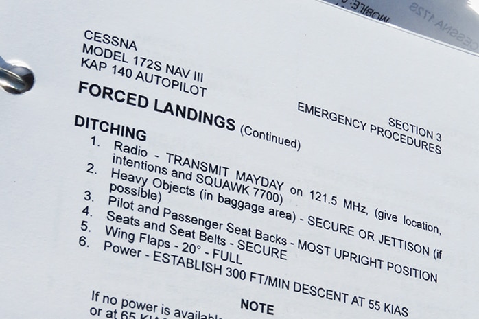 Page of flight manual instructions for forced landings, property of Tasmanian novice pilot Oliver O'Halloran.