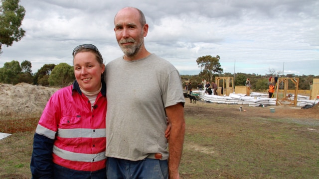 Kendenup couple Kate and Scott Ryan-Taylor at the site of their earth bag home