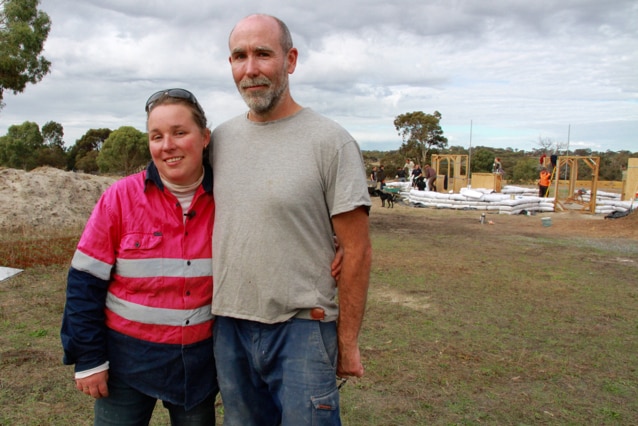 Kendenup couple Kate and Scott Ryan-Taylor at the site of their earth bag home