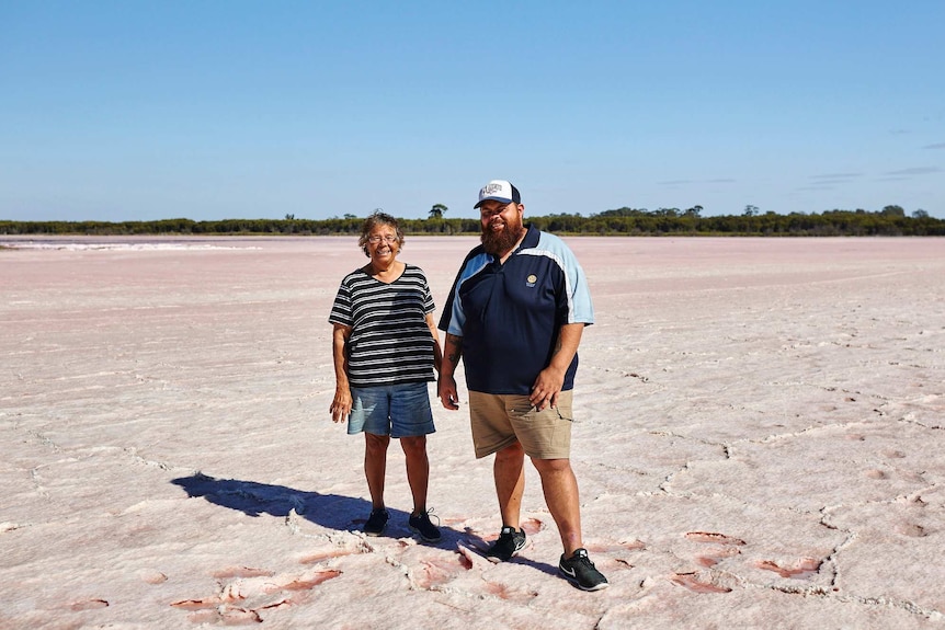 Wotjobaluk elder Aunty Hazel and Brett Harrison from the Barengi Gadjin Land Council stand on Pink Lake.