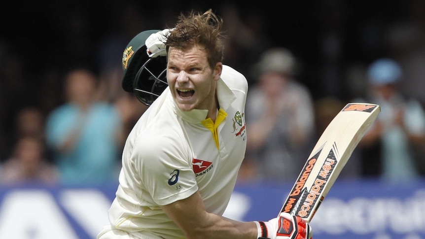 Steve Smith celebrates after reaching double ton at Lord's