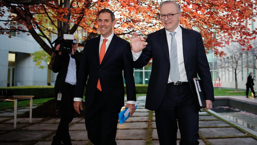 Two men in suits walking under a tree with orange leaves in the courtyard of Parliament House.