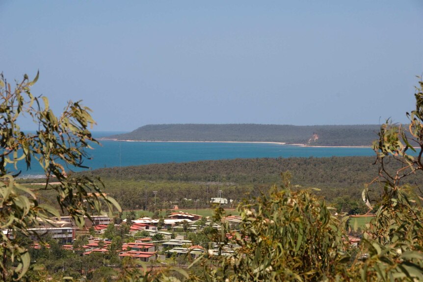 A photo of Nhulunbuy taken from the sky. The small NT town can be seen from a lookout.