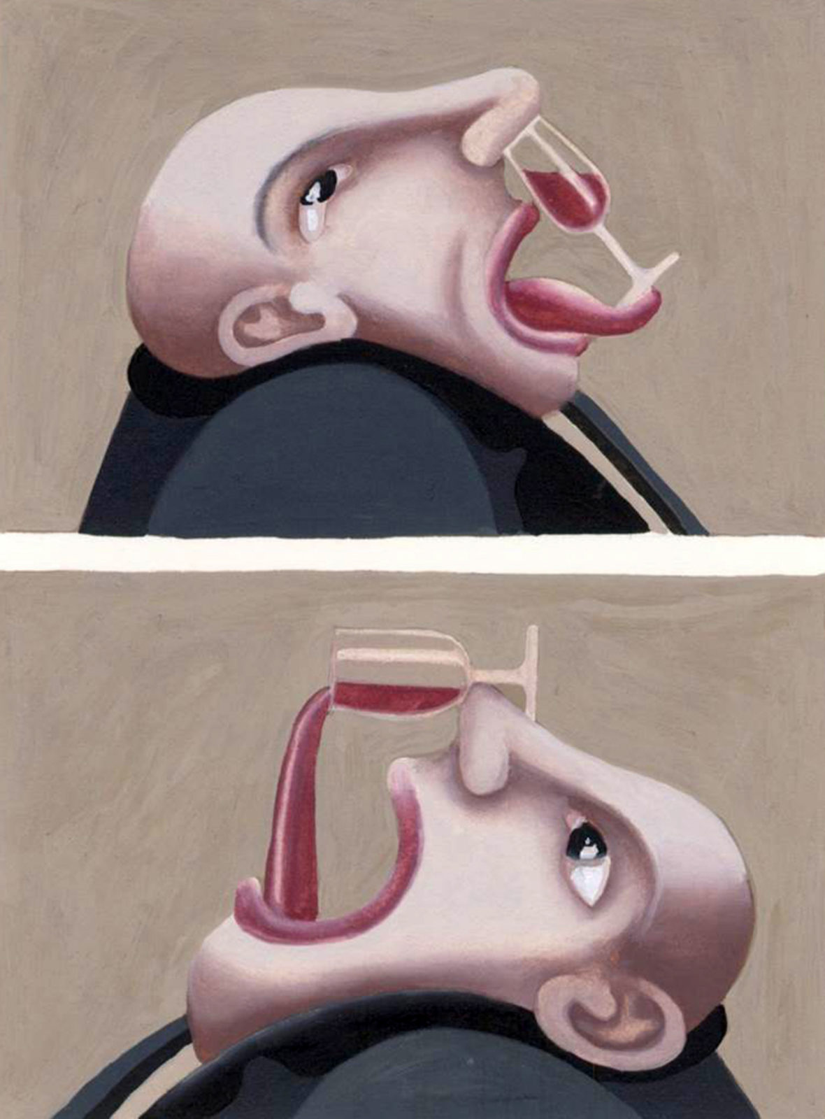 Two images of a bald man with a small glass of red wine balancing on his tongue, and on his nose. 