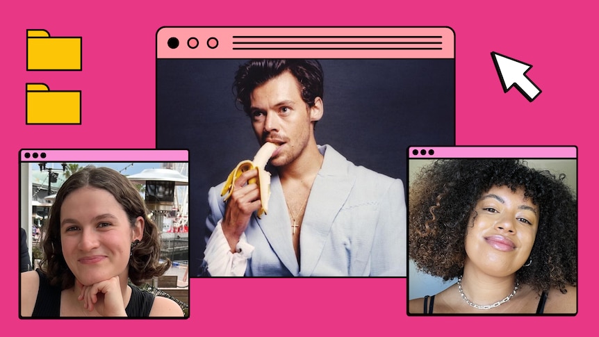 Photos of Harry Styles and reporters Yaz and Rachel in pink cartoon browser tabs.