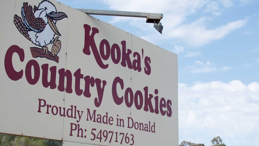 A sign says "Kooka's Country Cookies Proudly Made in Donald".