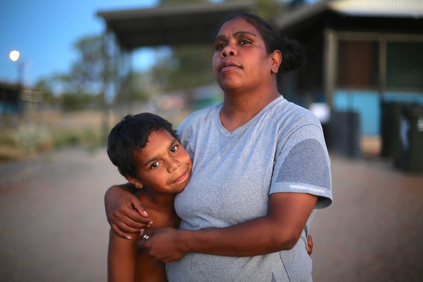 An Aboriginal mother (Megan Hoosan) and her child (Dujuan Hoosan) in the documentary In My Blood It Runs