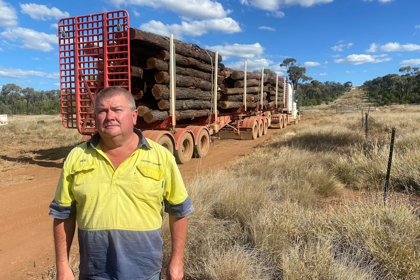 A man stands in a work shirt in front of a truckload of timber logs