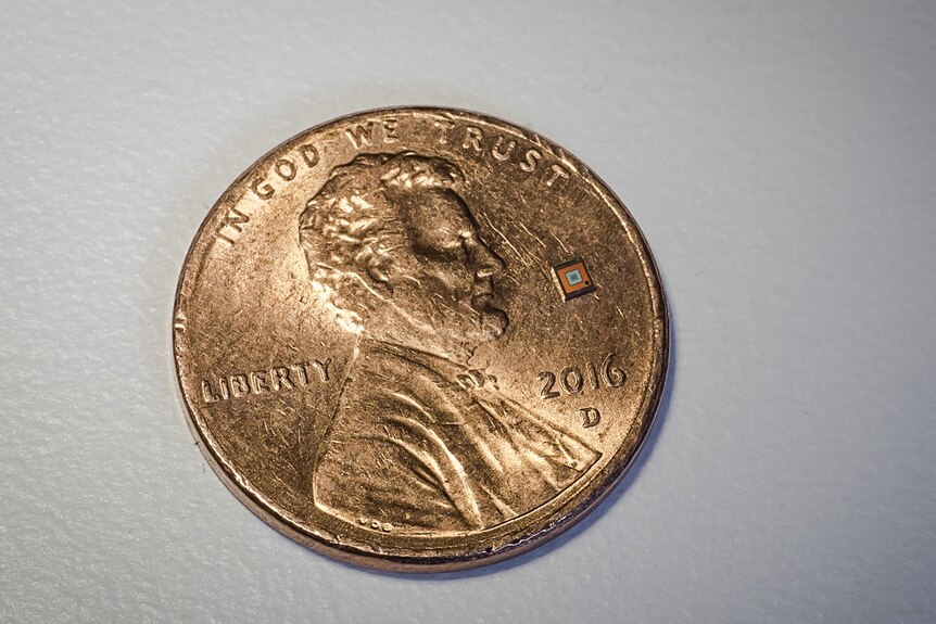 The tiny chip 1mm x 1mm on a US 1 cent coin