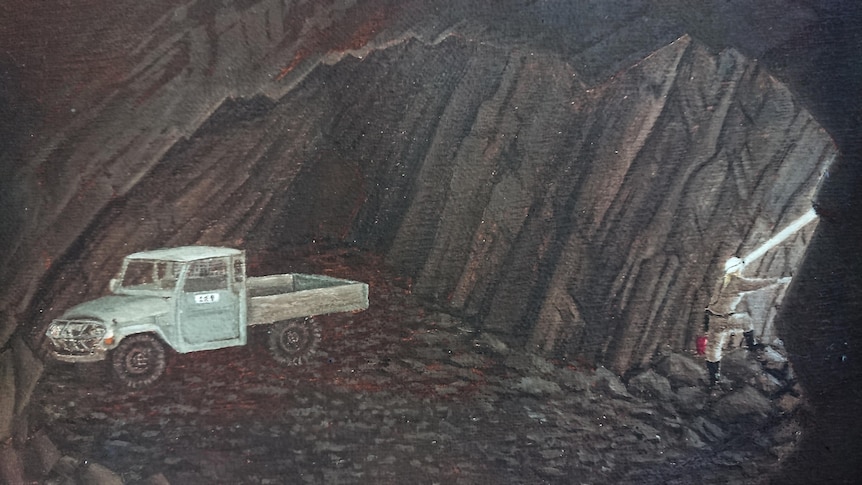 Painting of an underground mine, a truck and a miner are visable  