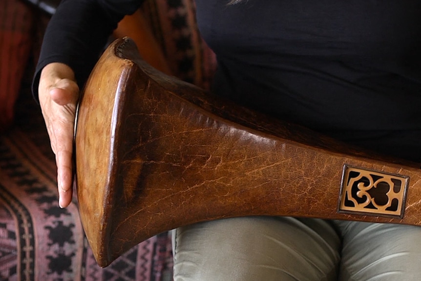Buffalo skin drum being played by Karlin Love.  It's one of the instruments in the Tasmanian Leather Orchestra.