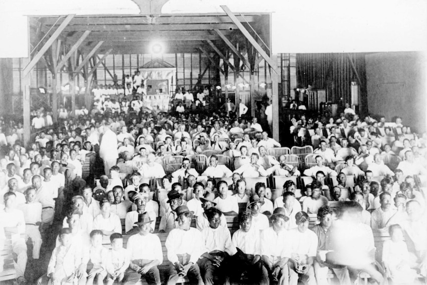 black and white photo of people sitting in old cinema