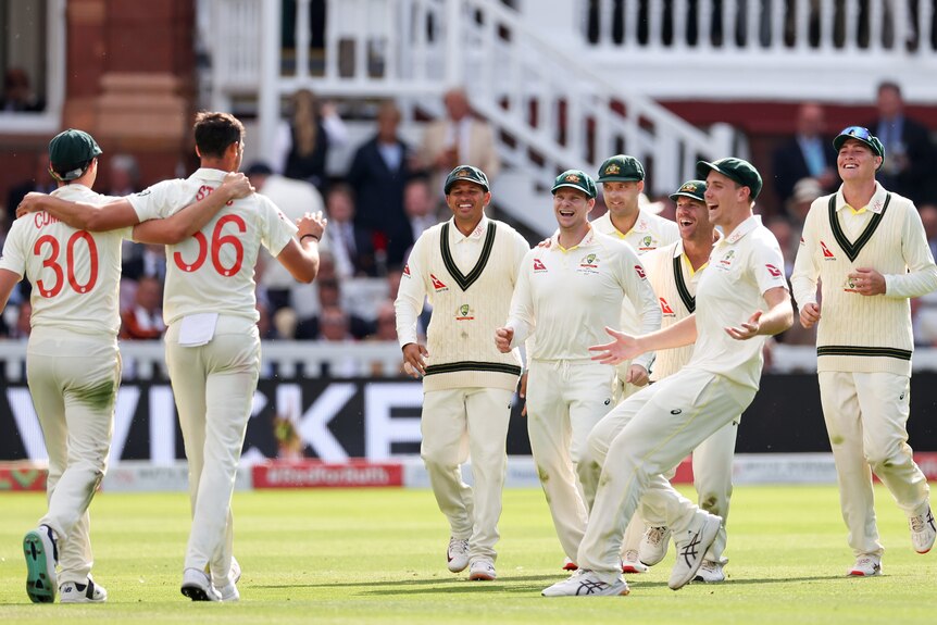Australian players celebrate with Mitchell Starc after a wicket