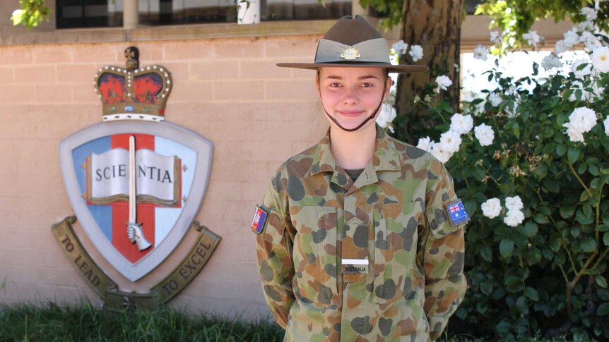 Piper Harper in Army uniform outside ADFA Canberra Tree of Knowledge