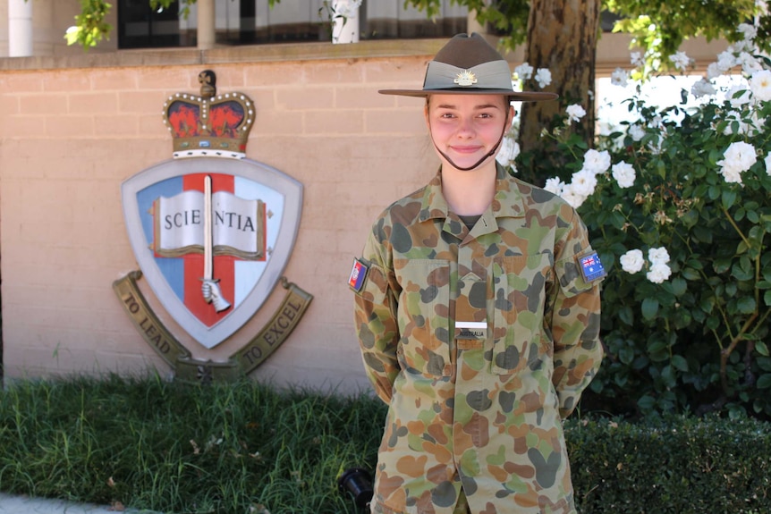 Piper Harper in Army uniform outside ADFA Canberra Tree of Knowledge
