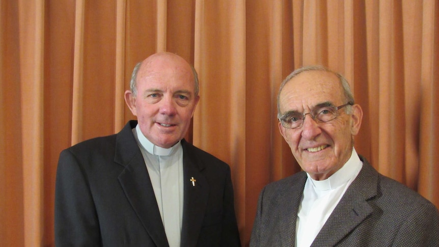 The newly appointed Bishop of Geraldton Michael Morrissey with retiring Bishop Justin Bianchini