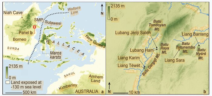 Map showing location of caves in Borneo in relation to the rest of SE Asia during the Ice Age