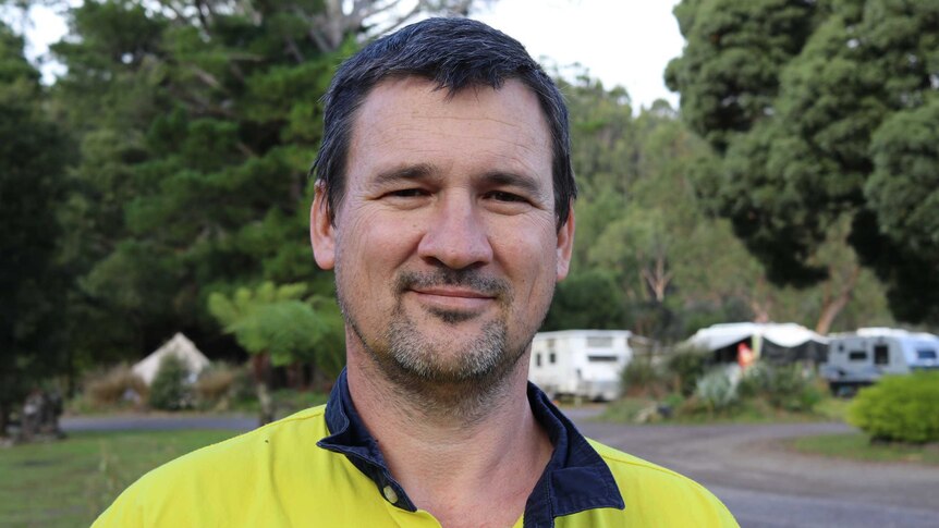 Caravan park owner Clayton McCudden, Zeehan Bush Camp, Tasmania April 2019.
