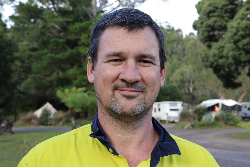 Caravan park owner Clayton McCudden, Zeehan Bush Camp, Tasmania April 2019.