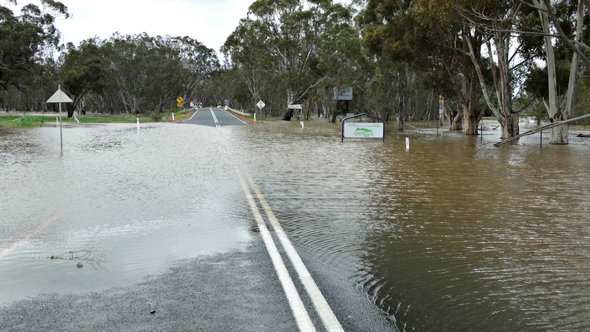 Flooded road near Charlton in Victoria