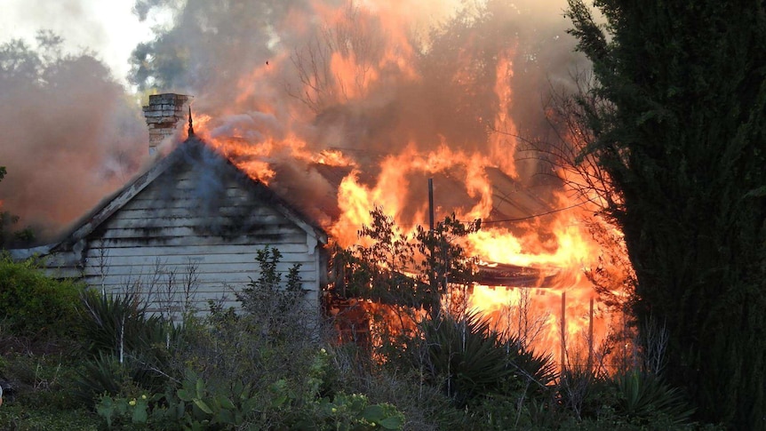 Flames leap from the small wooden cottage.