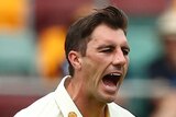 An Australian bowler pumps his fist as he runs near an England batter in the first men's Ashes Test at the Gabba.