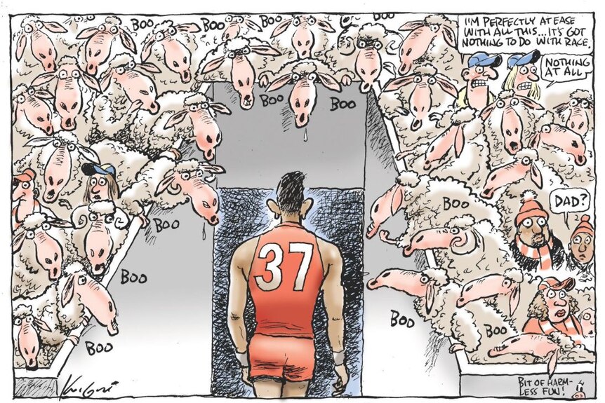 Adam Goodes walks from the ovals to the change rooms as white sheep 'boo'.