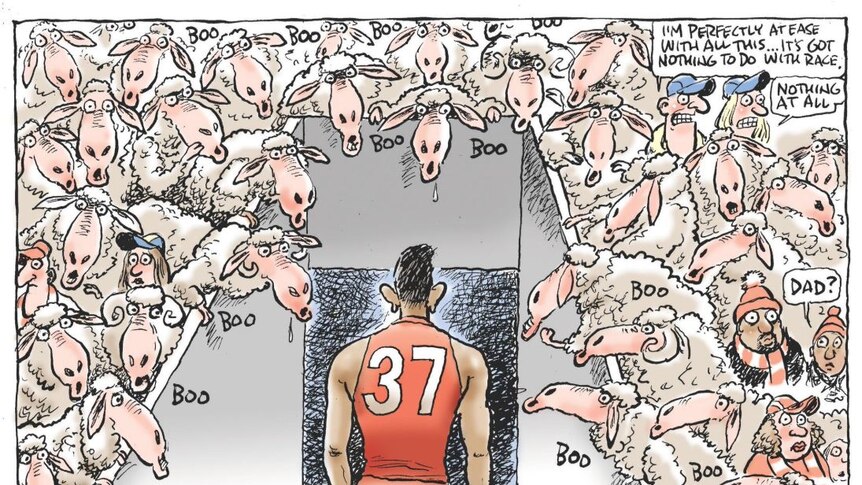 Adam Goodes walks from the ovals to the change rooms as white sheep 'boo'.