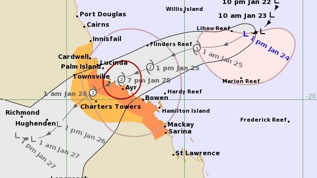 a tracking map for a tropical low forecast to develop into a cyclone moving towards the queensland coast