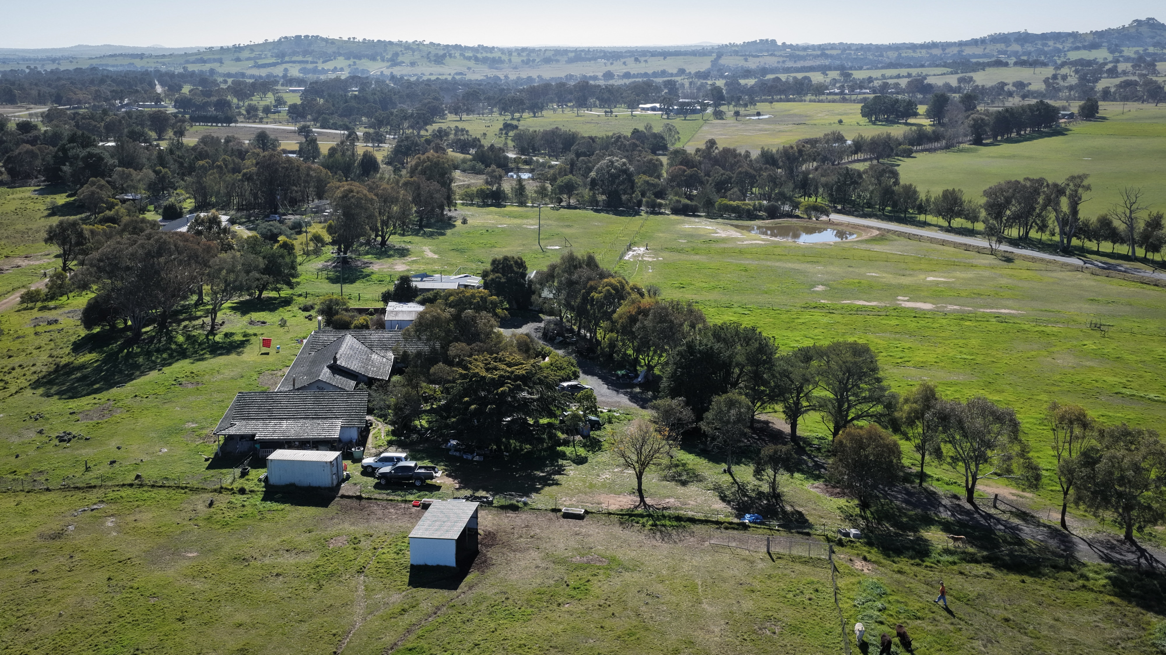 An aerial view of a rural donkey farm with green rolling hills.