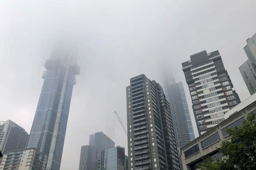 Looking up from the ground to the tops of skyscrapers that disappear into haze.