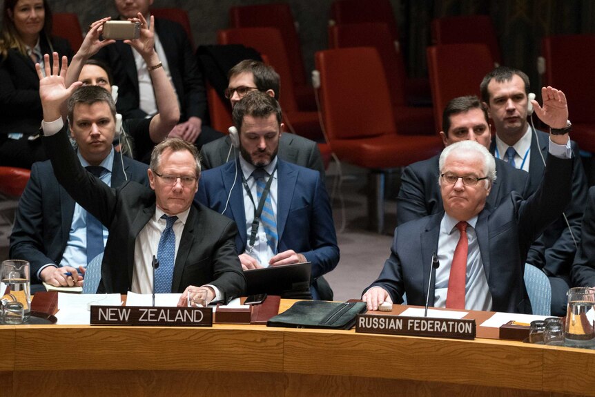 New Zealand and Russia's UN ambassadors raise their hands during a meeting.